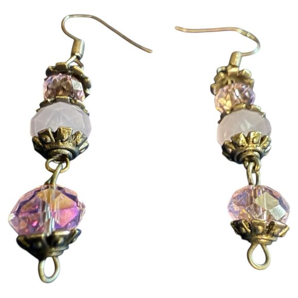 VINTAGE-INSPIRED DANGLE EARRINGS – STERLING HOOKS & PINK FACETED BEADS - Picture 3 of 17